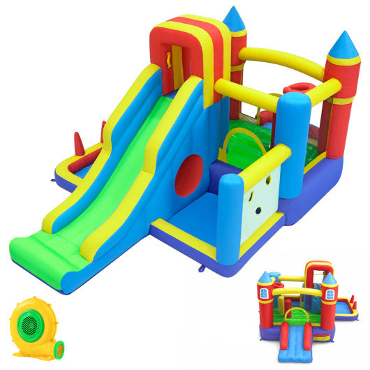 7-in-1 Inflatable Bounce House with Slide and Ball Pit and 680W Blower for Kids