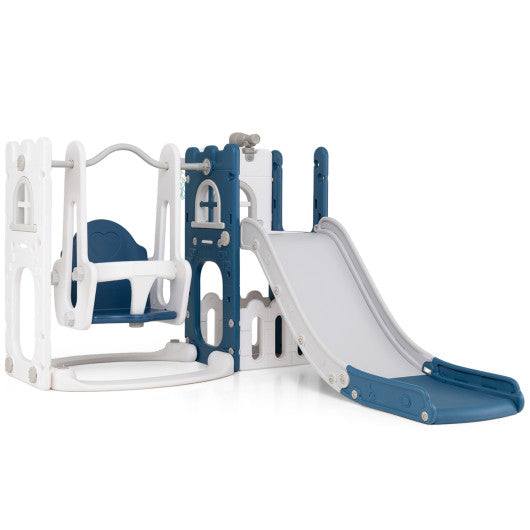 7-in-1 Toddler Swing and Slide Set L-shaped with Ladder and Basketball Hoop-Blue