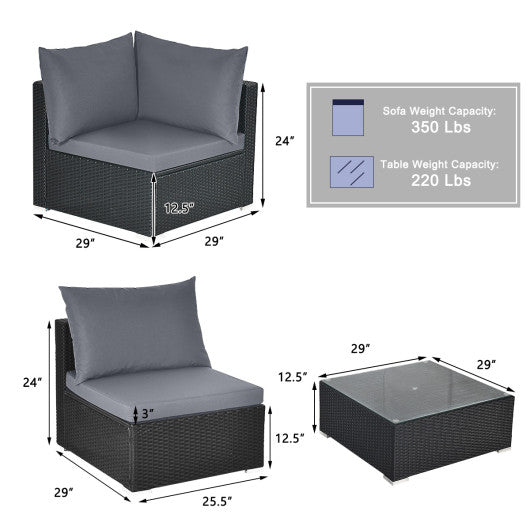 7 Pieces Sectional Wicker Furniture Sofa Set with Tempered Glass Top Coffee Table-Gray