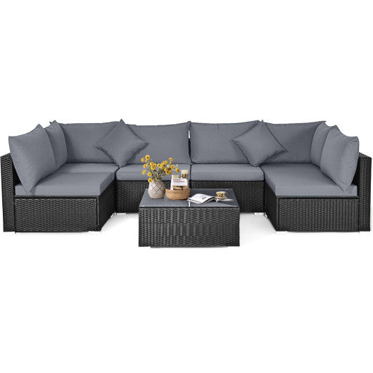 7 Pieces Sectional Wicker Furniture Sofa Set with Tempered Glass Top Coffee Table-Gray