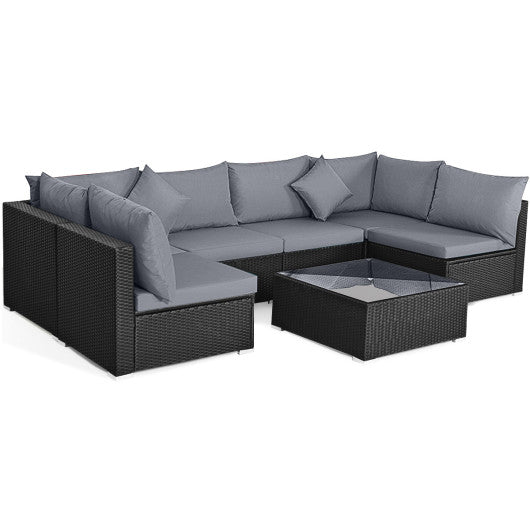 7 Pieces Sectional Wicker Furniture Sofa Set with Tempered Glass Top Coffee Table-Gray