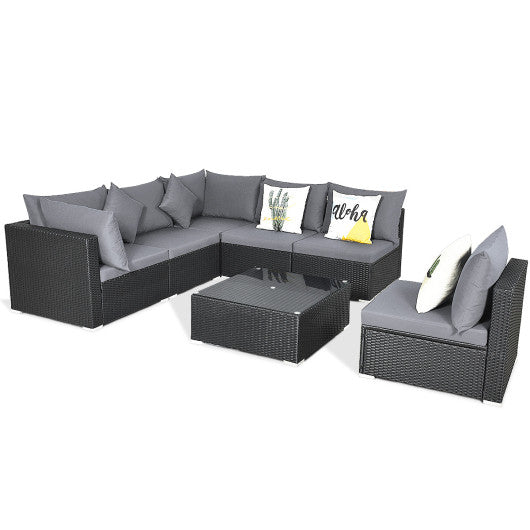 7 Pieces Sectional Wicker Furniture Sofa Set with Tempered Glass Top Coffee Table-Gray