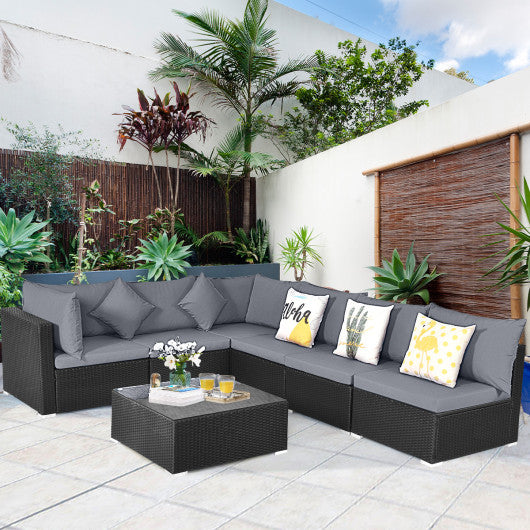 7 Pieces Sectional Wicker Furniture Sofa Set with Tempered Glass Top Coffee Table-Gray