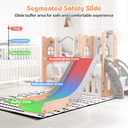 7-in-1 Toddle Swing and Slide Set L-shaped with Ladder and Basketball Hoop-Pink