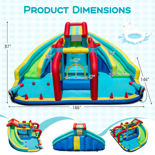 Inflatable Double Water Slide Park with Obstacle Course and 680W Blower