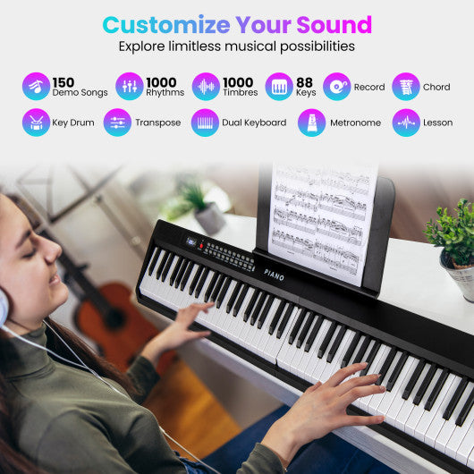 88 Key Foldable Electric Keyboard Piano with Wireless MIDI and Dual Speakers-Black