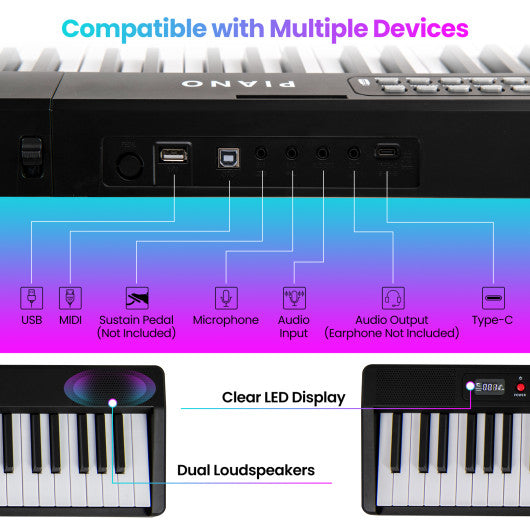 88 Key Foldable Electric Keyboard Piano with Wireless MIDI and Dual Speakers-Black