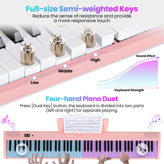 88 Key Foldable Electric Keyboard Piano with Wireless MIDI and Dual Speakers-Pink
