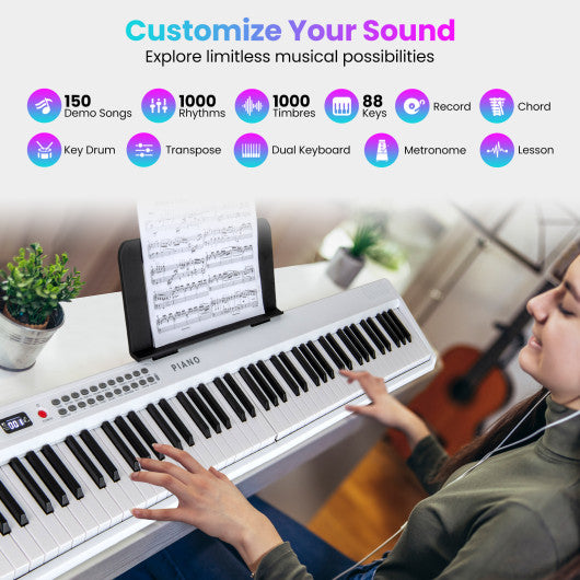 88 Key Foldable Electric Keyboard Piano with Wireless MIDI and Dual Speakers-White