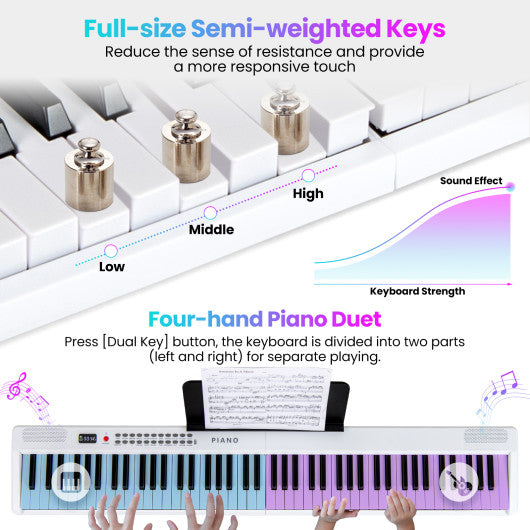 88 Key Foldable Electric Keyboard Piano with Wireless MIDI and Dual Speakers-White
