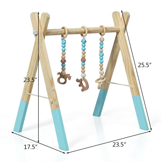 Portable 3 Wooden Newborn Baby Exercise Activity Gym Teething Toys Hanging Bar-Blue