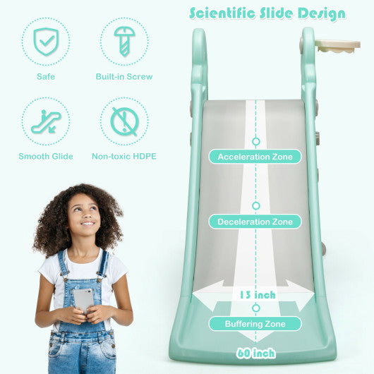 3-in-1 Kids Climber Slide Play Set with Basketball Hoop and Ball-Green