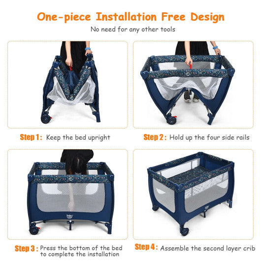 Portable Baby Playpen with Mattress Foldable Design-Blue