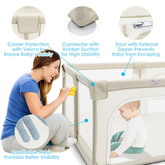 75 x 59 Inch Large Baby Playpen with Breathable Mesh and Zipper Doors-Beige