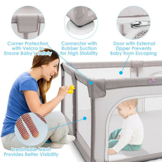 75 x 59 Inch Large Baby Playpen with Breathable Mesh and Zipper Doors-Gray