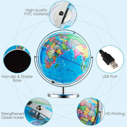 13 Inch Illuminated World Globe 720¡ã Rotating Map with LED Light