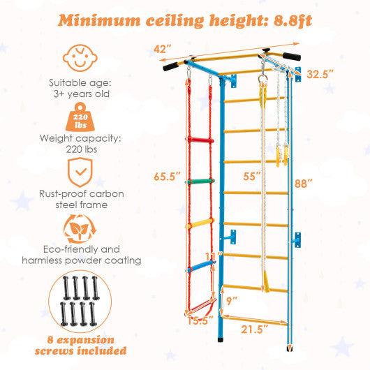 7 In 1 Kids Indoor Gym Playground Swedish Wall Ladder for Solid Wall-Yellow