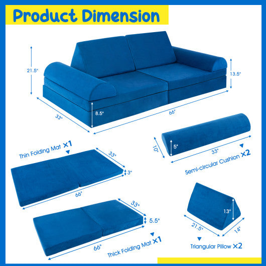 6 Pieces Convertible Kids Sofa Playset with Zipper-Blue