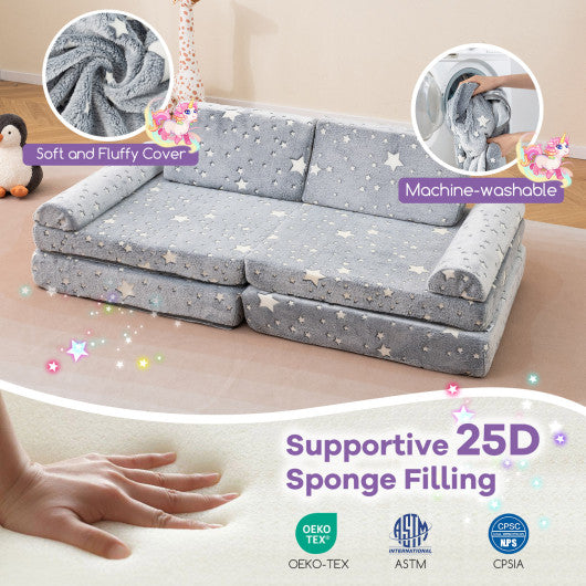 8 Pieces Modular Kids Play Couch Glow in the Dark Toddler Sectional Sofa-Gray