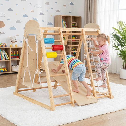 8-in-1 Foldable Indoor Jungle Gym for Kids with Swing and Monkey Bars-Natural