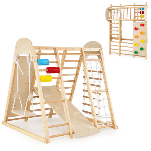 8-in-1 Foldable Indoor Jungle Gym for Kids with Swing and Monkey Bars-Natural