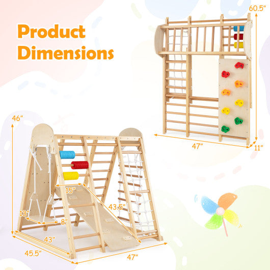 8-in-1 Foldable Indoor Jungle Gym for Kids with Swing and Monkey Bars-Natural