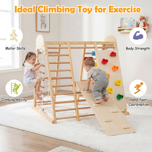 8-in-1 Foldable Indoor Jungle Gym for Kids with Swing and Monkey Bars-Natural