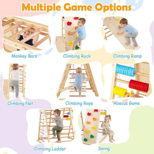 8-in-1 Foldable Indoor Jungle Gym for Kids with Swing and Monkey Bars-Natural