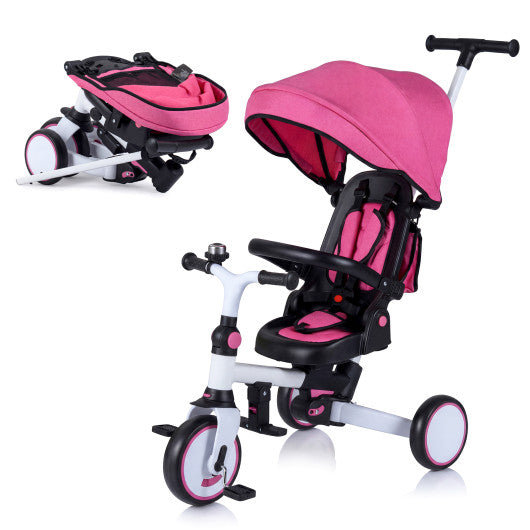 8-in-1 Folding Kids Tricycle with Removable Canopy and Push Handle-Pink