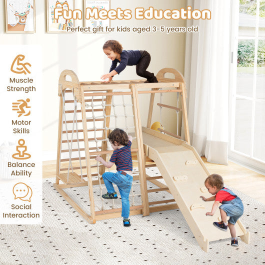 8-in-1 Jungle Gym Wooden Montessori Climber Playset with Slide and Monkey Bar for Kids 3-5 Years Old-Natural