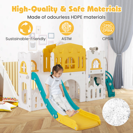 All-in-1 Toddle Slide Playset Playground with Tunnel and Ladder and Basketball-Yellow