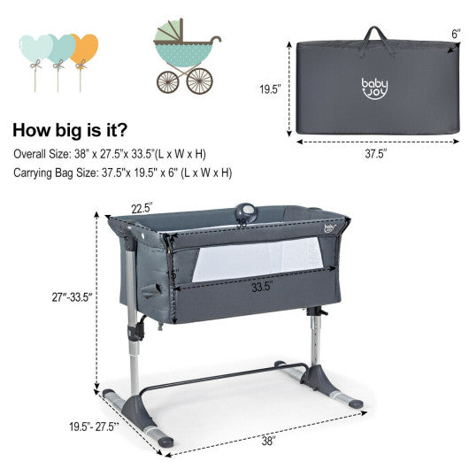 Height Adjustable Baby Side Crib with Music Box & Toys-Dark Gray