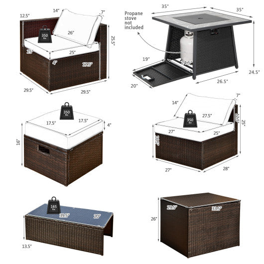 9 Pieces Patio PE Wicker Sectional Set with 50000 BTU Fire Pit Table-Off White