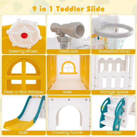 9-in-1 Toddler Slide L-Shaped with Basketball Hoop and Steering Wheel-Yellow