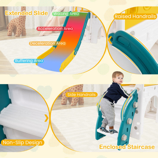 9-in-1 Toddler Slide L-Shaped with Basketball Hoop and Steering Wheel-Yellow