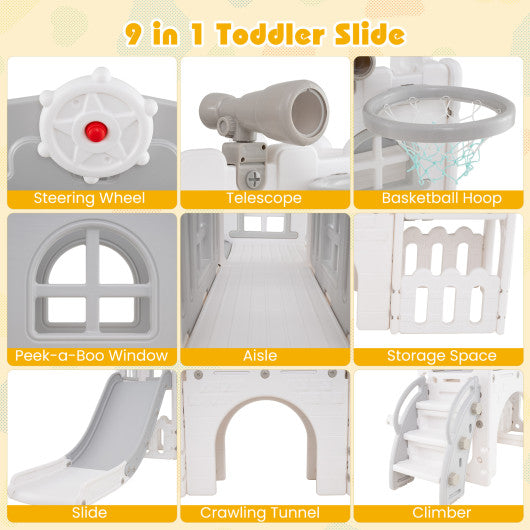9-in-1 Toddler Slide L-Shaped with Basketball Hoop and Steering Wheel-Gray