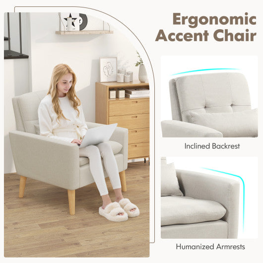 Accent Chair with Lumbar Pillow Natural Rubber Wood Legs Padded Cushions-Beige