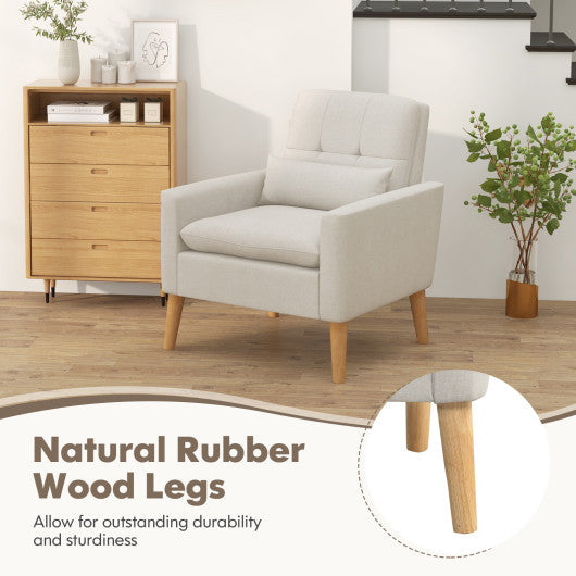 Accent Chair with Lumbar Pillow Natural Rubber Wood Legs Padded Cushions-Beige