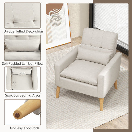 Accent Chair with Lumbar Pillow Natural Rubber Wood Legs Padded Cushions-Beige