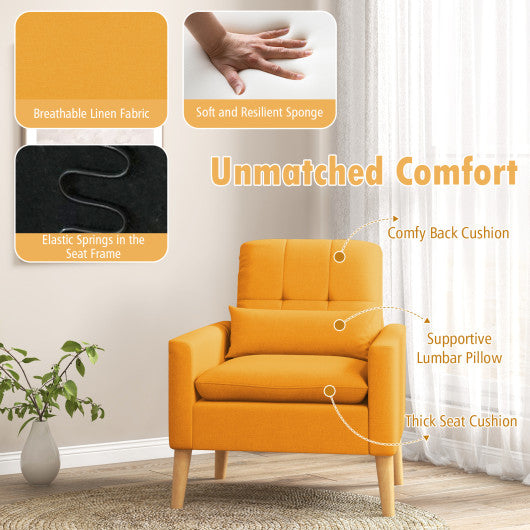 Accent Chair with Lumbar Pillow Natural Rubber Wood Legs Padded Cushions-Yellow