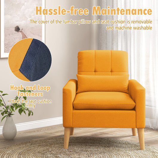 Accent Chair with Lumbar Pillow Natural Rubber Wood Legs Padded Cushions-Yellow