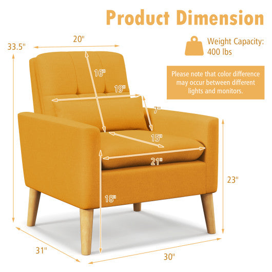 Accent Chair with Lumbar Pillow Natural Rubber Wood Legs Padded Cushions-Yellow