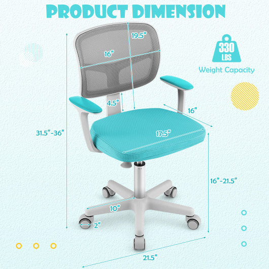 Adjustable Desk Chair with Auto Brake Casters for Kids-Turquoise