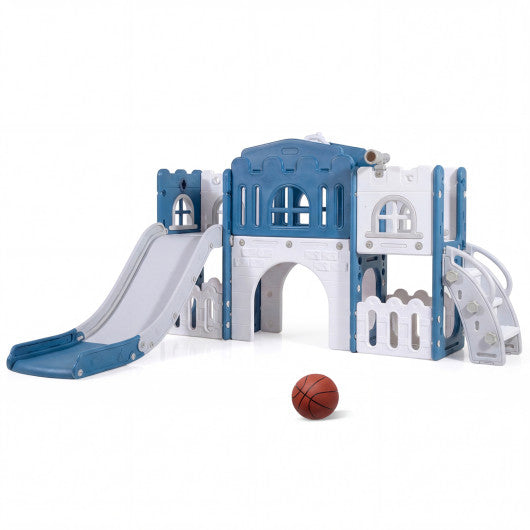 All-in-1 Toddler Slide Playset Playground with Tunnel and Ladder and Basketball-Blue