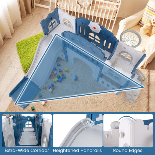All-in-1 Toddler Slide Playset Playground with Tunnel and Ladder and Basketball-Blue