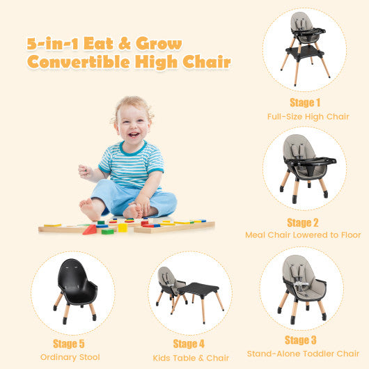 5-in-1 Baby Convertible Wooden High Chair with Detachable Tray-Black