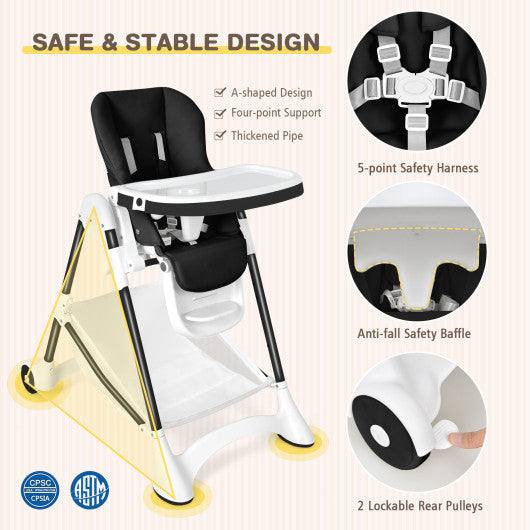 Baby Convertible Folding Adjustable High Chair with Wheel Tray Storage Basket-Black