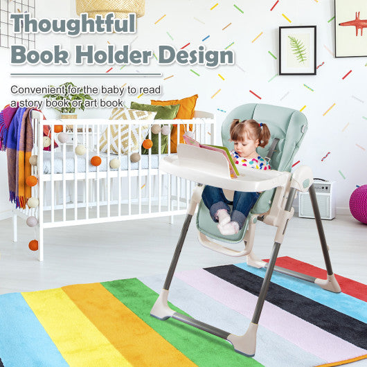 Foldable Baby High Chair with Double Removable Trays and Book Holder-Green