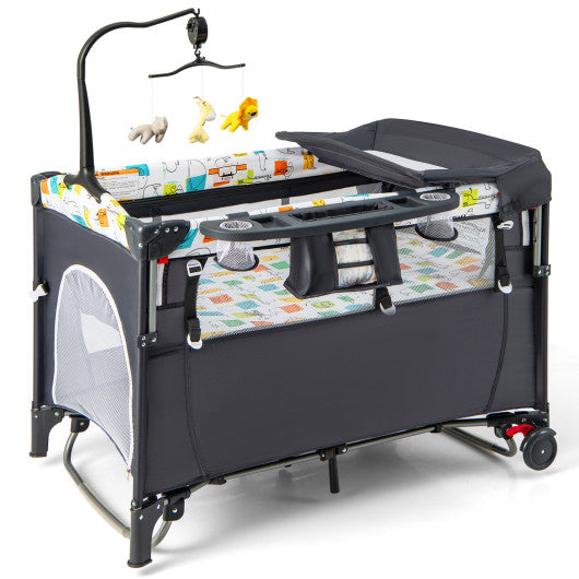 5-in-1 Baby Nursery Center Foldable Toddler Bedside Crib with Music Box-Gray