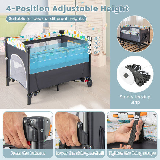 5-in-1 Baby Nursery Center Foldable Toddler Bedside Crib with Music Box-Gray